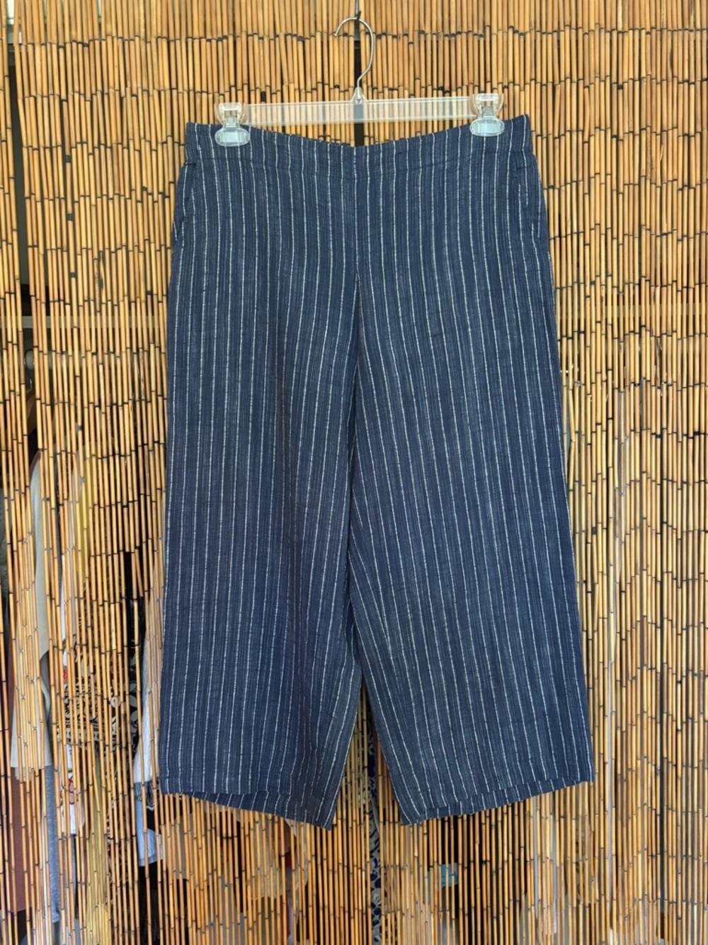 Eileen Fisher Navy Pinstriped Cropped Wide-Leg Linen Pants